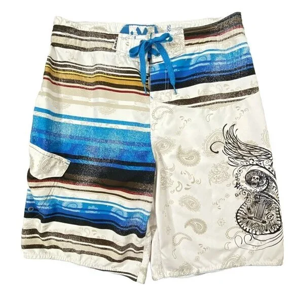 Micros Board Shorts Swim Bathing Suit Mens size 33 White Blue Skull Paisley - Picture 1 of 8